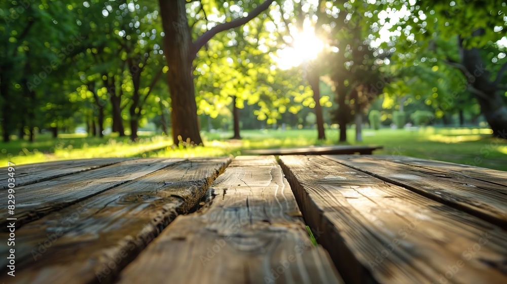 Fototapeta premium empty wooden table in green park rustic outdoor dining setup selective focus nature photo
