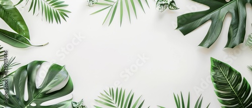 Top view of various green tropical leaves on a white background, creating a natural and refreshing frame for design projects. photo