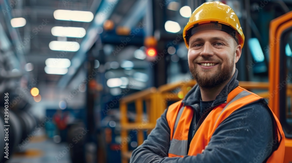 Industrial Worker Man In Warehouse Safety Cap And Uniform On Industrial Worker Man In Warehouse Safety Cap And Uniform On