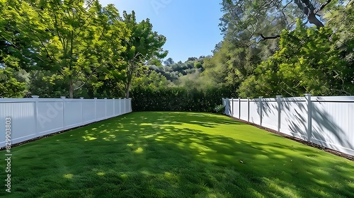Wallpaper Mural A photo shows a white vinyl fence around a backyard with green grass, trees and a blue sky. Torontodigital.ca