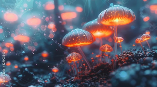 enchanting tiny mushrooms in a futuristic technologyinspired fantasy world whimsical nature meets science illustration © Jelena