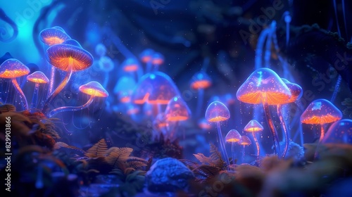 enchanting tiny mushrooms in a futuristic technologyinspired fantasy world whimsical nature meets science illustration
