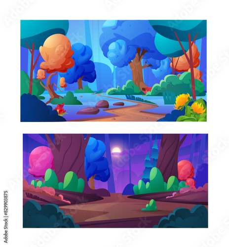 Magic forest with fairy trees and flowers on land from alien world, cartoon vector set of fantastic nature day and night