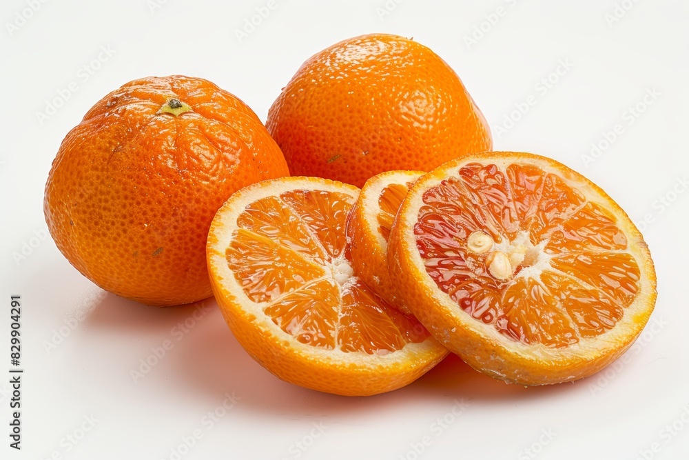 Whole and peeled tangerine arranged neatly, isolated on white background, great for healthy food promotions, bright and inviting, ample space for text Whole and peeled tangerine arranged neatly, isolated on white background, great for healthy food promotions, bright and inviting, ample space for text