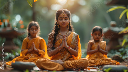 Three children in traditional Indian attire meditate peacefully outdoors, reflecting spirituality and tranquility photo