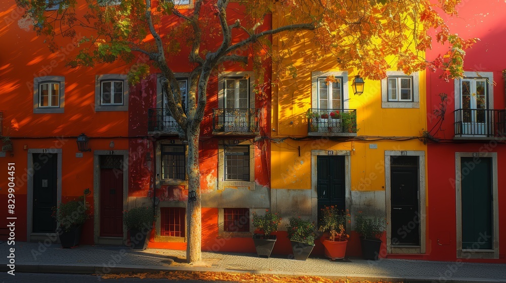Fototapeta premium Vibrant autumn foliage frames historical colorful buildings on a charming street Sunlight adds warmth