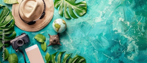 Flat lay travel essentials with camera, hat, passport, globe, and tropical leaves on turquoise background. Adventure and vacation concept. photo