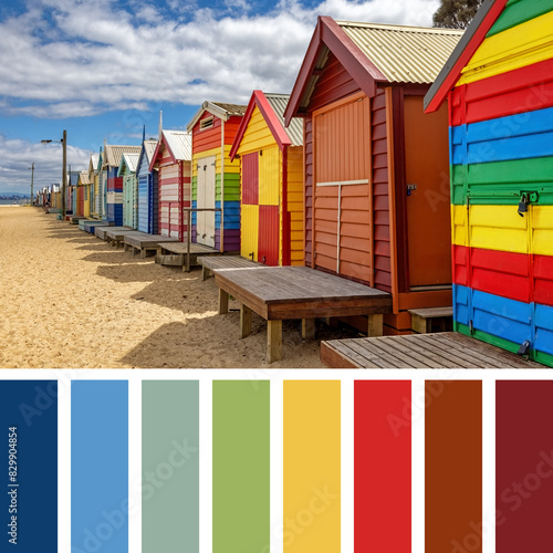 Colourful wooden beach huts on Brighton Beach, Melbourne. In a colour palette with complimentary colour swatches.