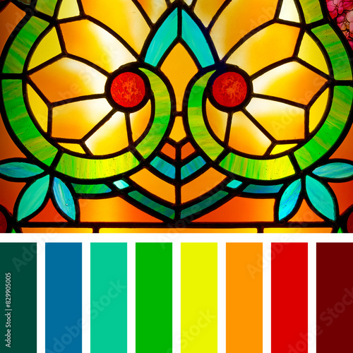 Art deco styles stained glass detail. In a colour palette with complimentary colour swatches.