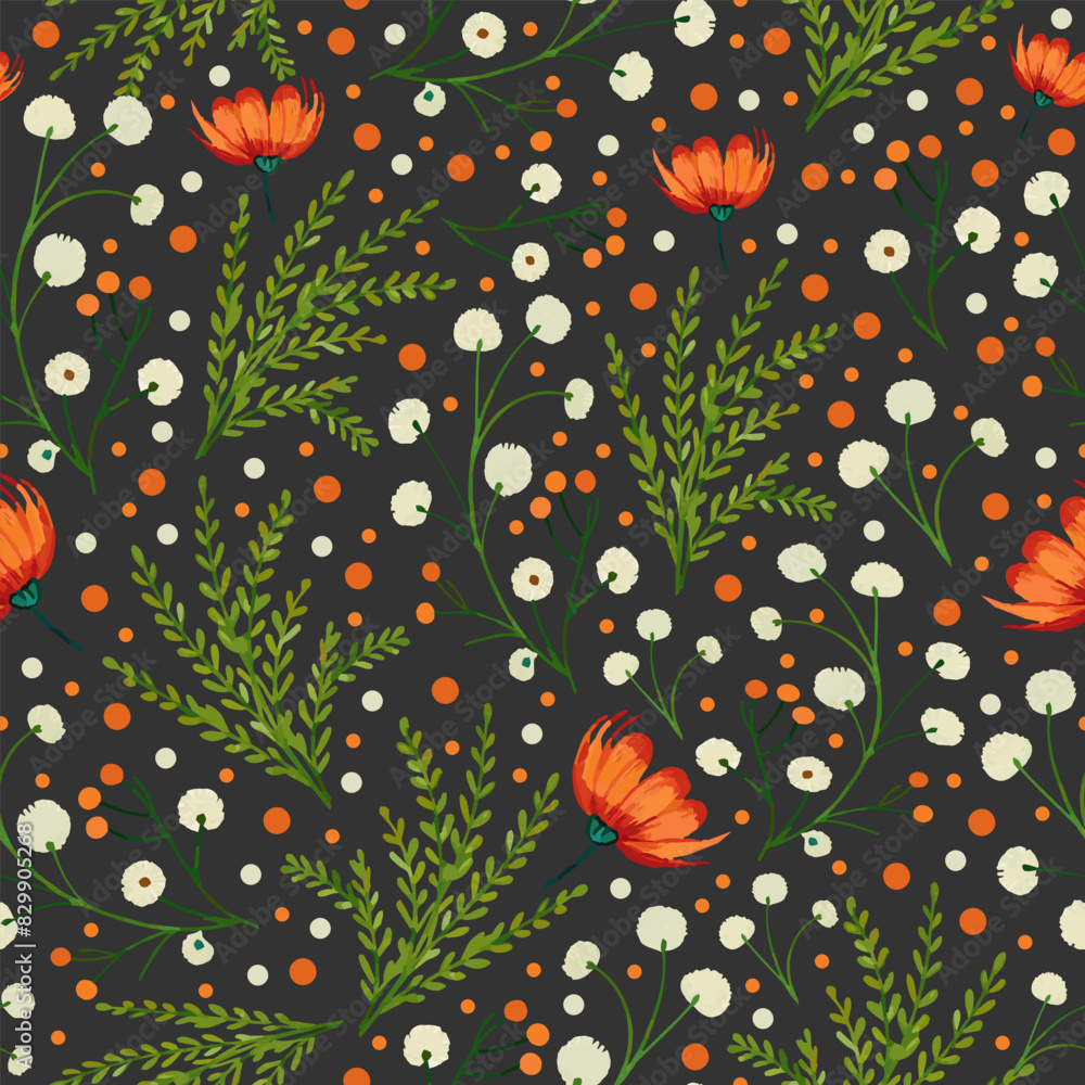Beautiful seamless floral pattern with red flowers, white buds and green leaves on dark background. Perfect design for fabric, wallpaper and decorative design projects. Beautiful seamless floral pattern with red flowers, white buds and green leaves on dark background. Perfect design for fabric, wallpaper and decorative design projects.