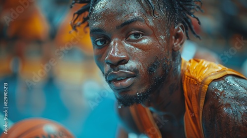 Intense close-up of a focused basketball player taking a breather during a game, exemplifying dedication and perseverance photo
