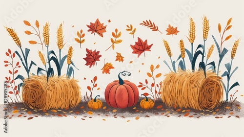 Create a minimalist artwork capturing a harvest scene. Illustrate pumpkins, corn stalks, and hay bales using clean lines and warm colors. Arrange these elements in a simple composition that evokes