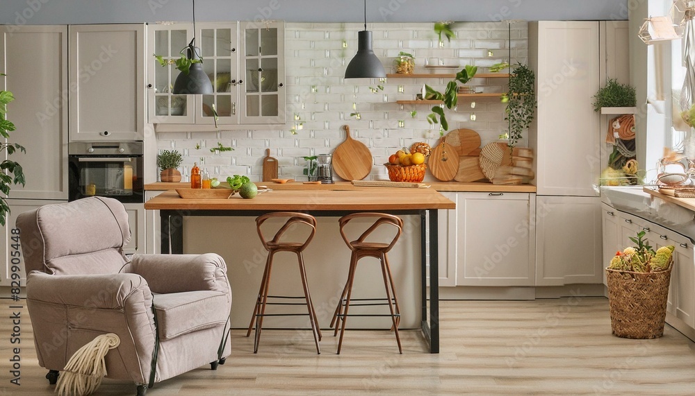 Contemporary Culinary Comfort: Modern Kitchen Design with Stylish Armchair