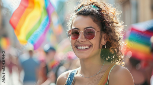 Celebrating Diversity and Pride: Joyful Woman at LGBTQ Parade with Rainbow Flag Background for Copy Space