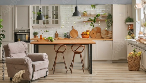 Contemporary Culinary Comfort: Modern Kitchen Design with Stylish Armchair" "Sleek and Inviting: Armchair Accents in a Modern Kitchen Interior"
