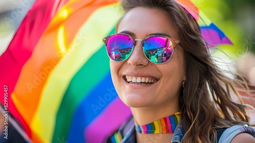 Celebrating Diversity: Joyful Woman at Pride Parade with Rainbow Flag Background and Copy Space for Text