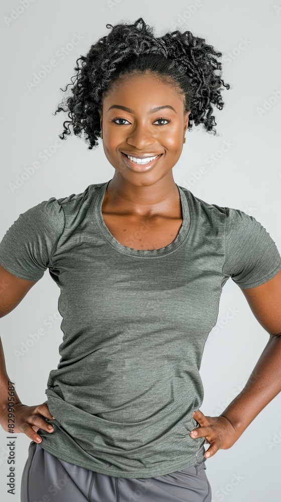 Fototapeta premium One African american black woman posing in sportswear, on white background, studio shoot.