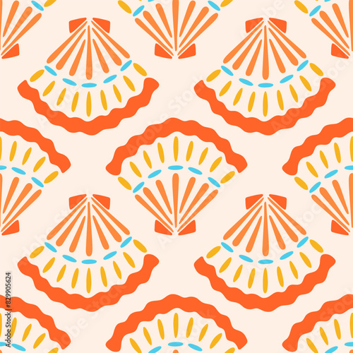 Cute seashell vector seamless pattern. Bright marine repeat surface design with orange scallop shells in modern hand drawn flat style on cream off-white background. Summer nautical illustration