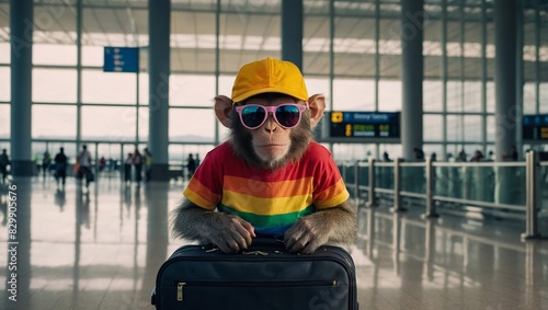 A cheerful monkey in sunglasses and a T-shirt, with a suitcase in the airport hall, near the departure board. Concept: air travel, buying air tickets, flight delays, air travel, charter, low cost AI