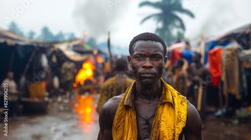 With a thoughtful expression, a man stands in a bustling African market with smoke and tents in the background © AS Photo Family