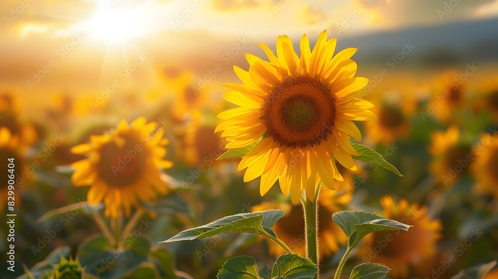 Fototapeta premium A sunflower field under the setting sun, with sunlight casting long shadows over vibrant yellow petals and green leaves.