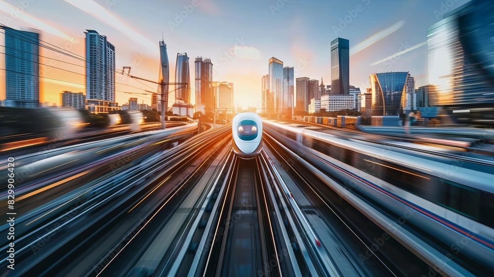 Fototapeta premium futuristic highspeed maglev train network spanning modern urban landscape seamless transportation interface visualization