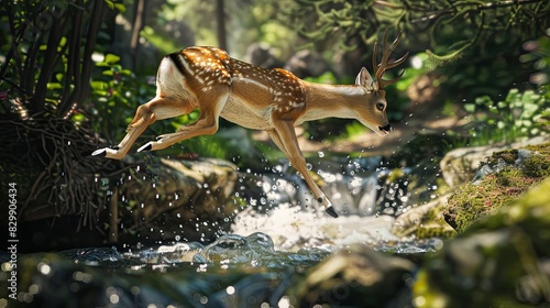 Compose a panoramic shot of a robotic deer leaping over a babbling brook photo