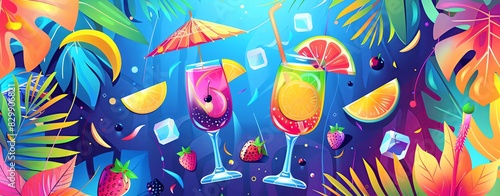 Tropical cocktail and umbrella party banner with colorful drinks  fruit slices  ice cubes and exotic plants background illustration of a tropical drink summer concept