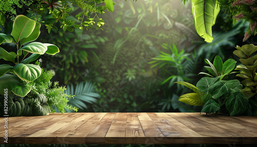 nature green background with an empty wooden table foreground  green scene background. mock up