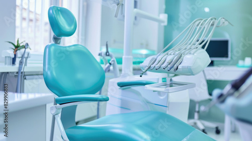 Interior of a modern dental office, with medical equipment, dental chair and instruments