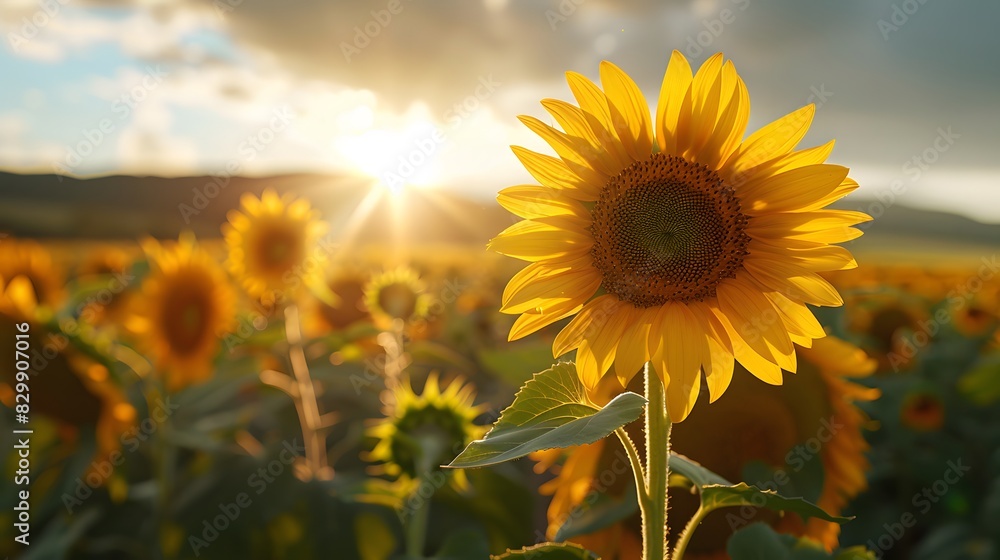 Fototapeta premium A sunflower field under the setting sun, with sunlight casting long shadows over vibrant yellow petals and green leaves.