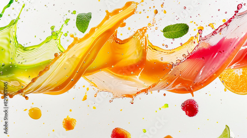 Splashes of tropical juices creating vibrant, abstract waves on a white background photo