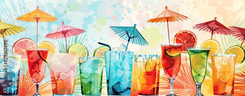 Tropical cocktail party banner with colorful drinks and umbrellas. Vector illustration design background, detailed, high resolution photography, professional color grading, clean sharp focus, high qua photo