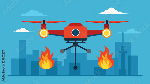 The latest model of a firefighting drone flies into an emergency zone utilizing its advanced sensors to quickly identify the source of the fire and effectively extinguish it.. Vector illustration