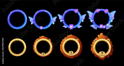 Avatar frame lion muzzle and butterfly cartoon vector set, progress achievement round empty border rank game interface