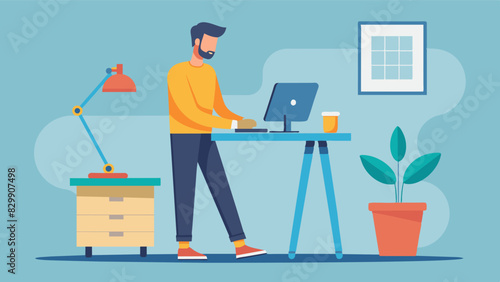 Investing in a standing desk the man makes a conscious effort to stand while working reducing his sedentary time.. Vector illustration