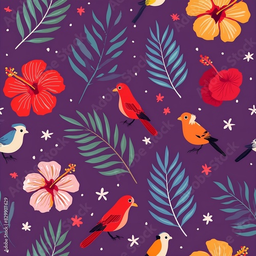 seamless pattern tropical fabric pattern with palm leaves and bird 