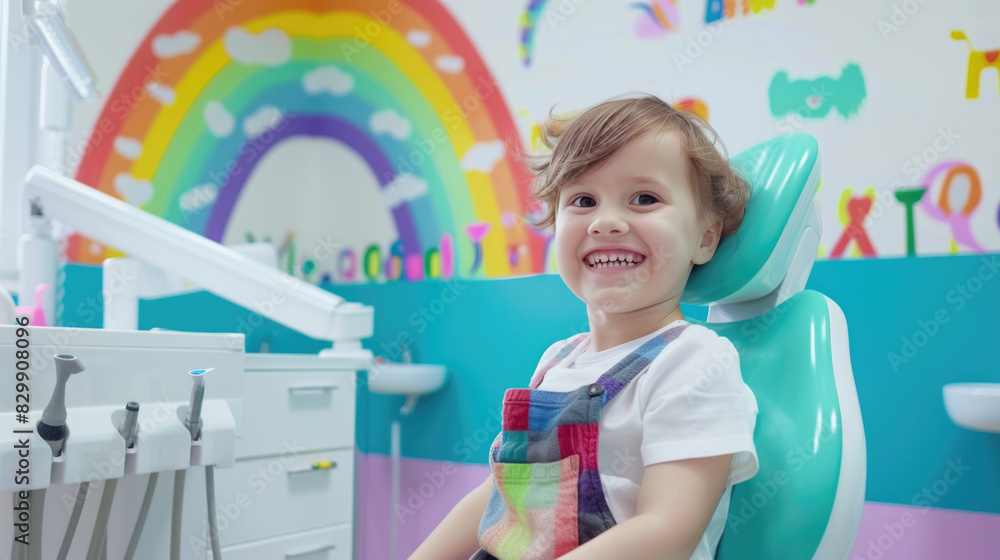 Happy smiling kid sitting in dental chair in modern colorful dental clinic for children Happy smiling kid sitting in dental chair in modern colorful dental clinic for children