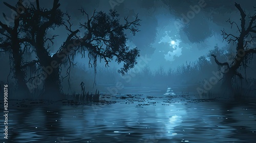 [flat 2d vector illustration of the swamp, eerie style, made of water, darker around edges, blacker background, darker background, no bloom, no glow,  © AliaWindi