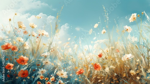 Design an artwork capturing a light and airy spring scene. Depict a field of wildflowers swaying gently in the breeze, using soft colors and simple shapes. Create a sense of movement and lightness photo