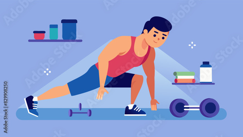Rather than relying on lifting heavy weights the man incorporates body weight exercises like pushups and squats to build functional strength.. Vector illustration