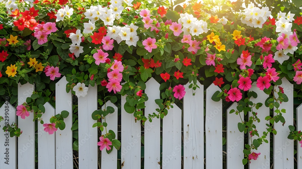 A white picket fence with colorful flowers growing on it, captured in bright sunlight. creating an inviting and cheerful scene.
