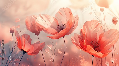 Create a digital illustration capturing gentle breezes. Depict flowers or leaves swaying lightly in the wind, using clean lines and a soft color palette. Incorporate subtle motion lines to suggest photo