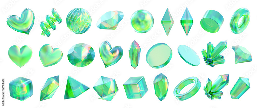 Green crystal collection object set pack isolated background 3d rendering Green crystal collection object set pack isolated background 3d rendering