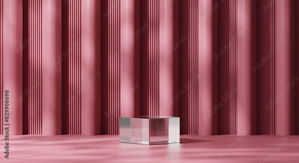 Clear cosmetic cube podium for product display with red background 3d rendering Clear cosmetic cube podium for product display with red background 3d rendering