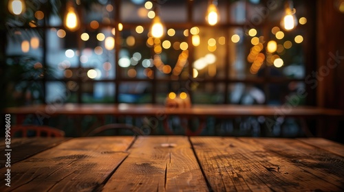 Blurry restaurant background with lights bokeh on an unoccupied wooden table top photo