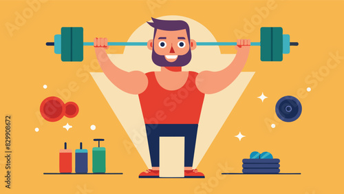 With a newfound love for weightlifting and strength training the man sets new personal records at the gym and revels in the feeling of his muscles getting stronger and more. Vector illustration