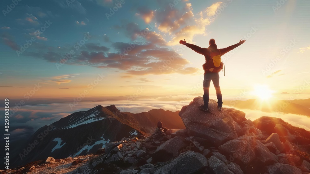 hiker standing triumphantly on mountain peak at sunset inspiring goals and achievements concept hiker standing triumphantly on mountain peak at sunset inspiring goals and achievements concept