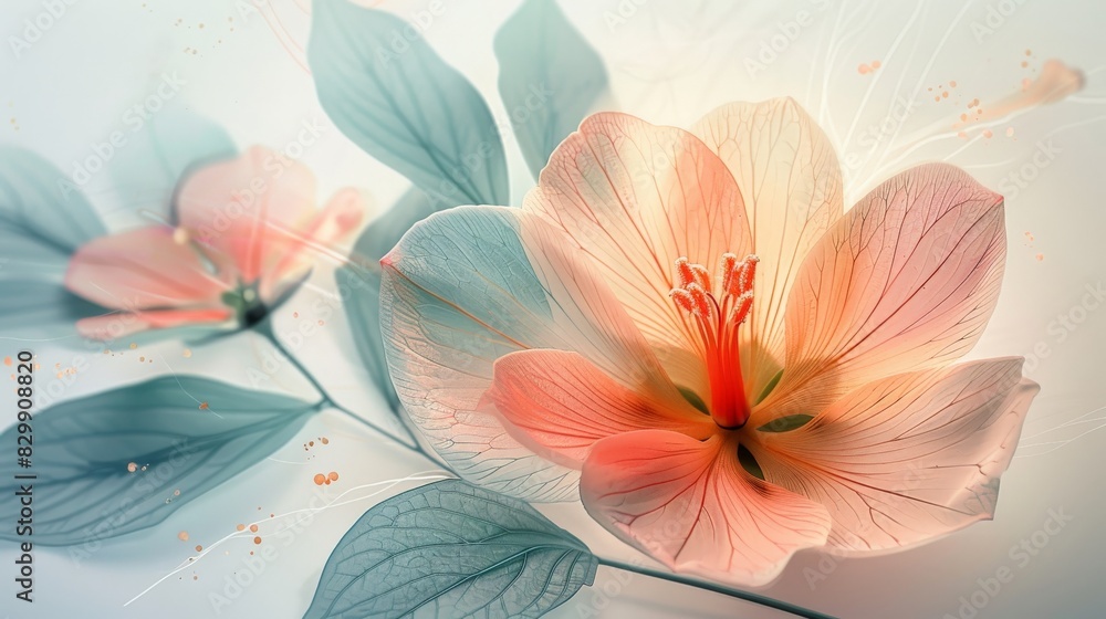 Design an artwork featuring the soft textures of spring. Depict a close-up view of a flower or leaf, highlighting its delicate texture with minimalist lines and a soft color palette. Use subtle Design an artwork featuring the soft textures of spring. Depict a close-up view of a flower or leaf, highlighting its delicate texture with minimalist lines and a soft color palette. Use subtle