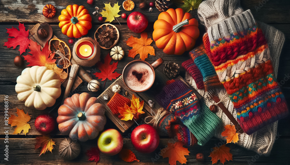 Flat Lay Autumn: Vibrant Cozy Essentials on Rustic Wood Background